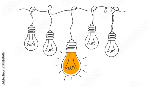 One continuous line drawing of hanging light bulbs with one shining. Concept of creative idea