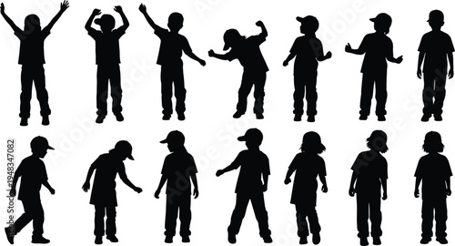 Black Silhouette Vector Set of Active Kids and Children Celebrating Jumping and Dancing in Streetwear Outfits for Youth Culture School and Sporty Design Projects