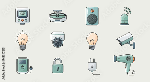 Icons of smart home devices timer, grill, speaker, siren, bulbs, cameras, outlet, lock, hairdryer