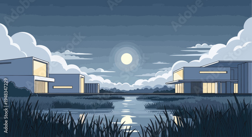 Two modern houses illuminate a serene water body under a twilight sky