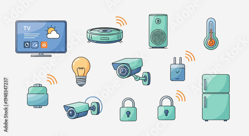 Collection of smart home devices, including TV, vacuum, speaker, thermometer, bulb, cameras, locks, and fridge