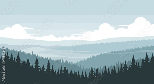 Layered silhouette of evergreen forest hills under a cloudy sky