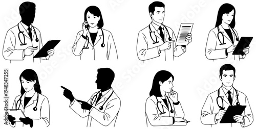 Medical professionals engaged in various activities with digital devices