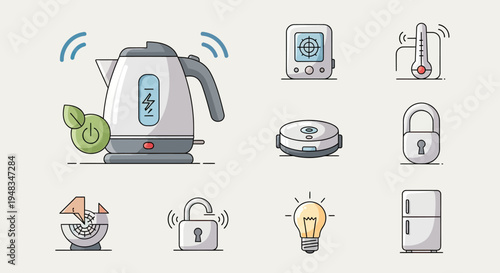 Collection of smart home device icons kettle, thermostat, thermometer, lock, bulb, fridge, etc