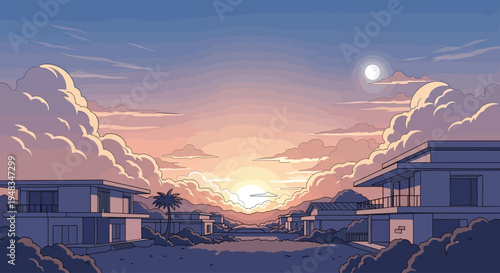 A modern suburban street bathed in the warm hues of a setting sun