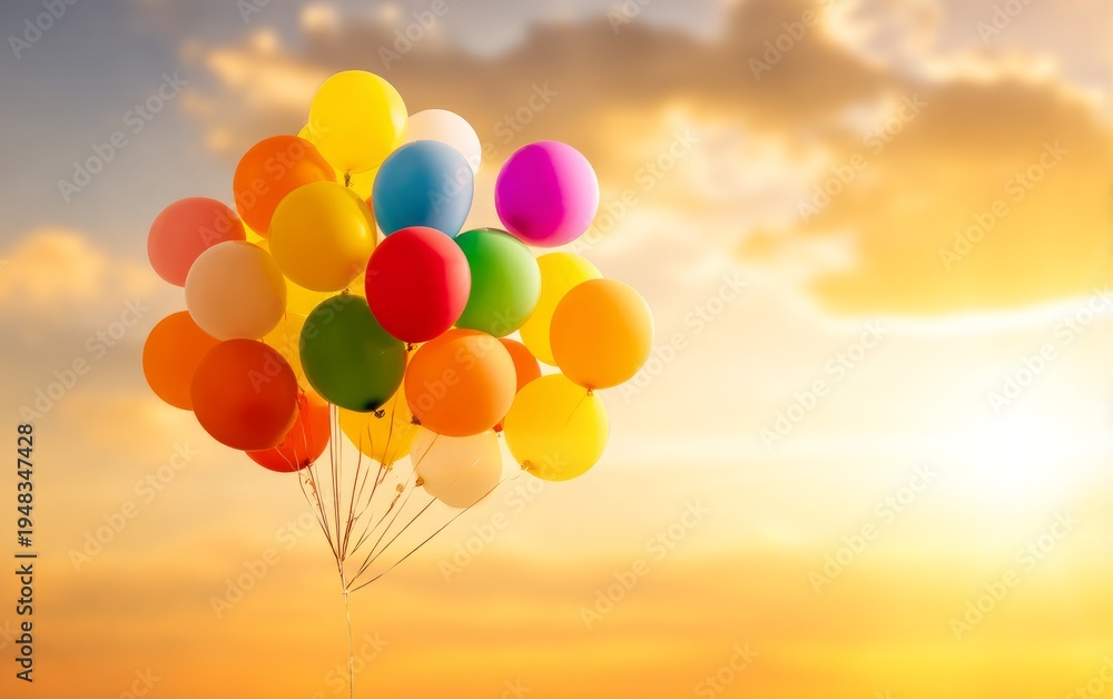 Fototapeta premium Cluster of Colorful Balloons Drifting Upward Against a Bright Sky at Sunset