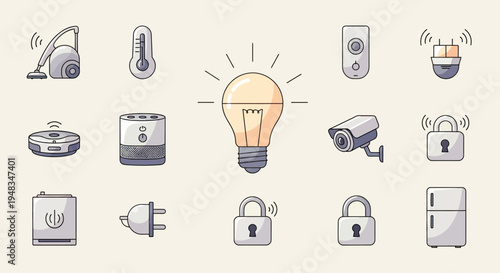 Smart home devices vacuum, thermometer, lightbulb, cameras, speakers, locks, fridge