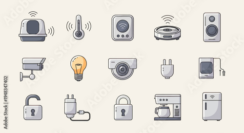 Collection of smart home device icons security, climate, appliance, and sound