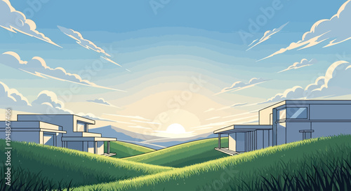 Modern homes nestled in rolling green hills under a bright sky with clouds