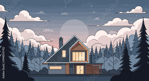 A modern home nestled in a dark, pine forest under a twilight sky