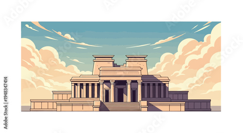 Stylized ancient building with tiered structures and a cloudy sky