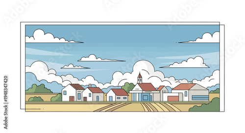 A charming village under a sky filled with fluffy clouds