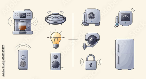 Collection of smart home devices including coffee maker, robot vacuum, thermometers, lightbulb, security camera