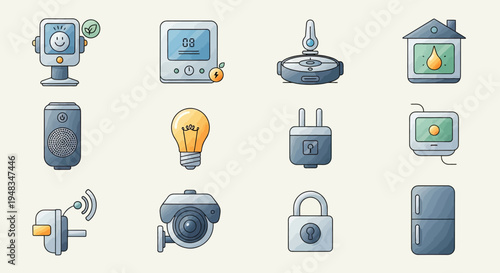 Various smart home devices, including a camera, thermostat, and robot vacuum