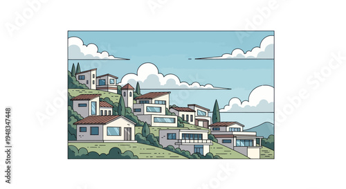 A stylized landscape of modern homes nestled on a lush, rolling hillside under a cloudy sky