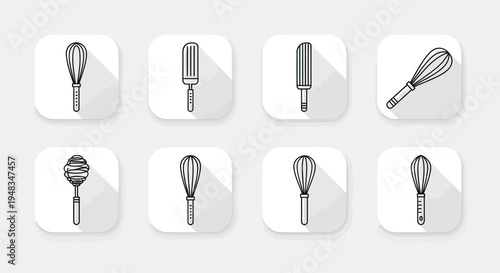 Line art icons of whisks and spatulas with long shadows