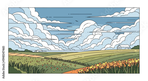 Stylized landscape with rolling fields, scattered flowers, farms, and dramatic clouds