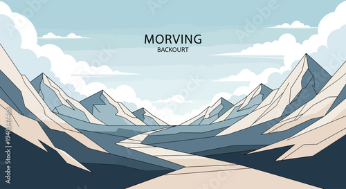 Stylized mountain range with clouds and a winding path