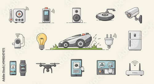 Diverse smart home devices including a mower, speaker, camera, and appliances