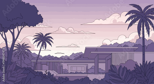 A modern house nestled amongst lush tropical foliage under a serene, cloudy sky