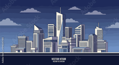 Modern city skyline with diverse skyscrapers under a cloudy night sky