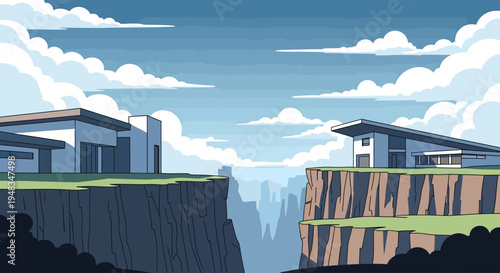 Modern homes perch on cliff edges above a misty canyon with a cloudy sky