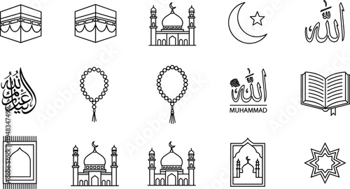Islamic icon set, mosque Kaaba Quran prayer beads crescent star Allah Muhammad symbols, Ramadan Hajj religion line vector collection