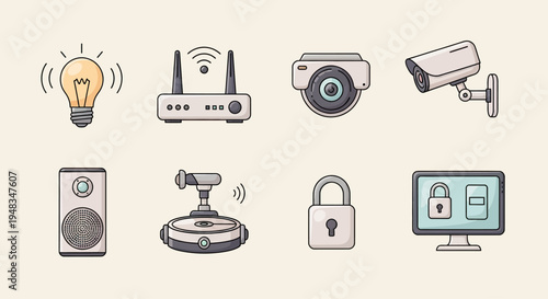 Icons of smart home devices, security cameras, and network equipment