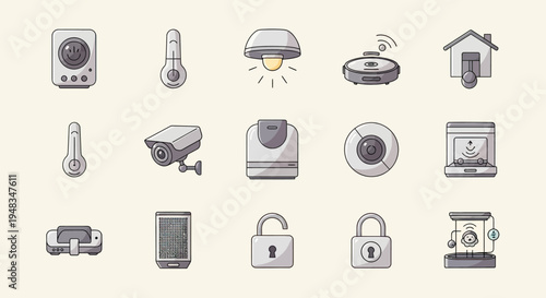 Various icons depicting smart home devices and security systems