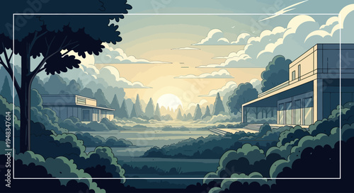 Geometric homes in a misty landscape at sunrise, with silhouetted trees