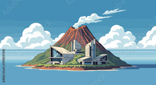 Tropical island with a smoking volcano and modern architecture