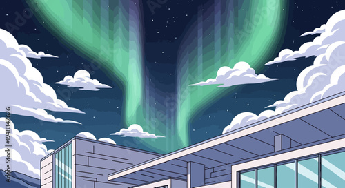 Stylized aurora borealis illuminates night sky above modern building
