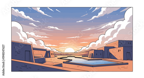 Desert oasis with buildings and a reflecting pool under a sunset sky