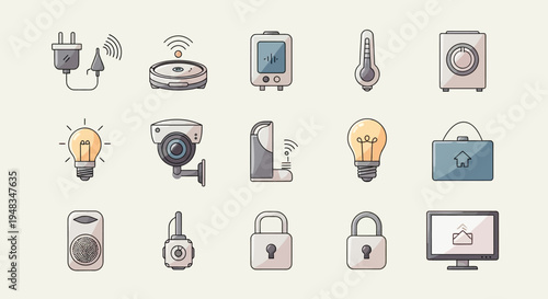 Icons representing smart home devices including security, appliances, and connectivity
