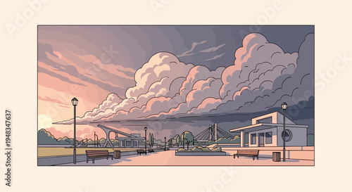 A picturesque view of a modern boardwalk with a bridge and fluffy clouds at sunset