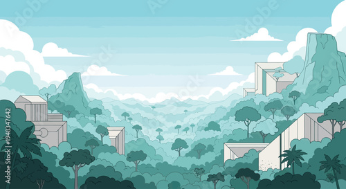 Panoramic view of a lush, layered landscape with minimalist geometric structures