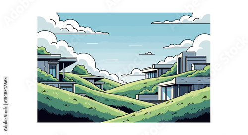 Modern homes nestled in rolling green hills under a vast blue sky