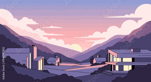 Gentle pastel sunrise over rolling hills with modern homes