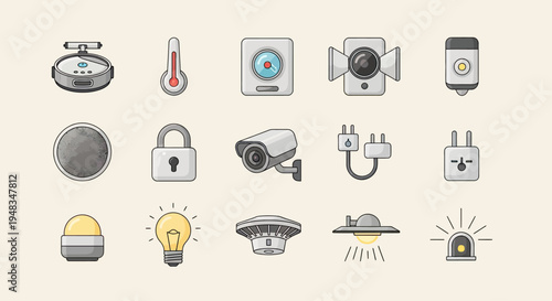 Collection of smart home device icons, including security, climate, and lighting