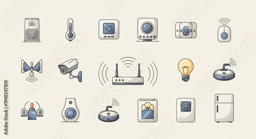 Collection of smart home devices, including speakers, sensors, cameras, and appliances