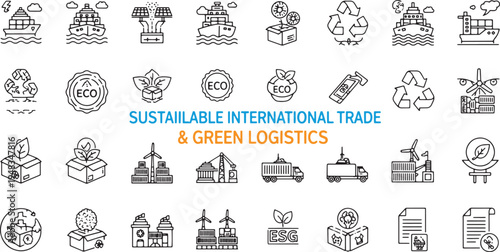 Sustainable International Trade and Green Logistics Icon Set for Eco Friendly Global Shipping