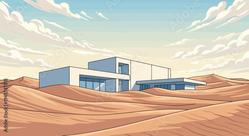 Modern white building in a sandy desert landscape with blue sky