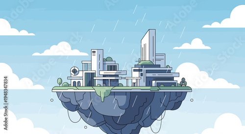A modern city on a floating island in the rain