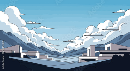 Stylized geometric landscape with muted blues, white clouds, and modern structures