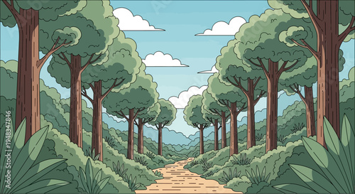 A dirt path winds through a dense forest with tall trees and lush undergrowth