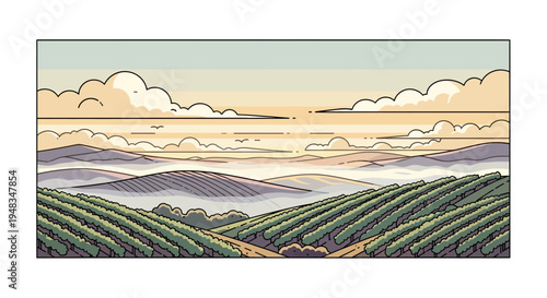 Rows of crops on rolling hills under a cloudy sky