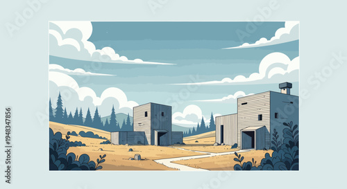 Stylized landscape with wooden buildings, a forest, and a cloudy sky