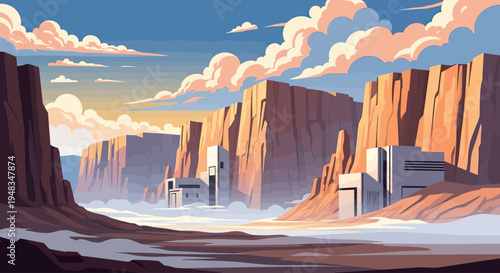 Sunrise over a canyon landscape with futuristic structures nestled in mist