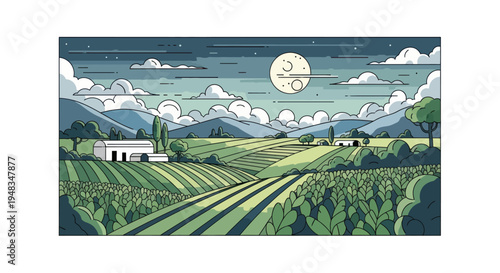 Stylized rural landscape at night with rolling hills, farms, and a large moon