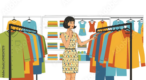 Woman shopping for clothing in a store colorful apparel selection